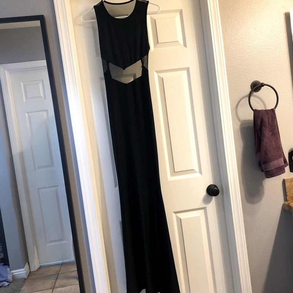 Mesh peekaboo & open back black maxi dress